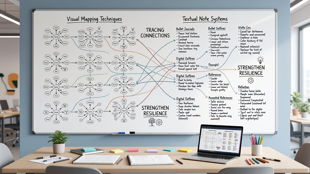 Diagram showing connections between visual maps and textual notes for resilient solo web operations